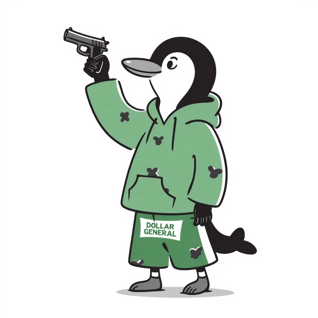 A cute but tough half-dolphin half-penguin thug holding a small gun, wearing a green hoodie with blood stains and Dollar General branded shorts emoji