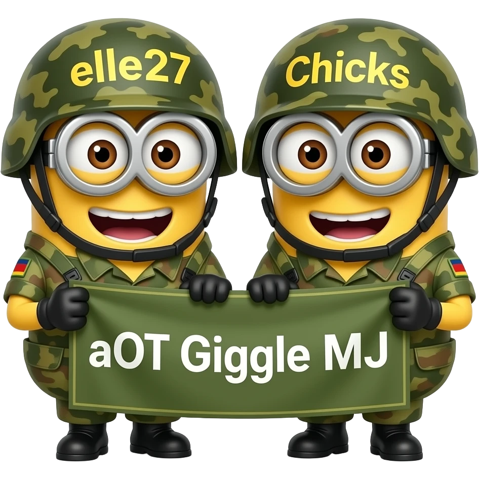 2 girl minions giggleing wearing army fatigues holding a banner text aOT Giggle MJ on 1 helmet elle27 on the other Chicks emoji