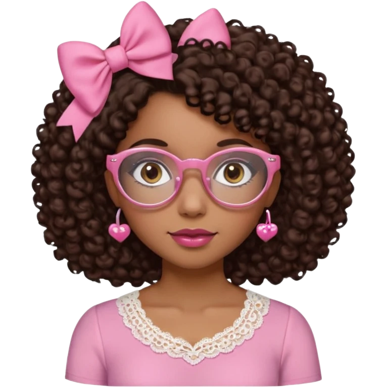 medium kinned afro-latina girl with medium length chocolate brown side part curly hair, small pink bow on the side, with brown glasses, brown eyes, noes piercing, pink and white sweekhart necklined top with lace, round wide-ish nose emoji