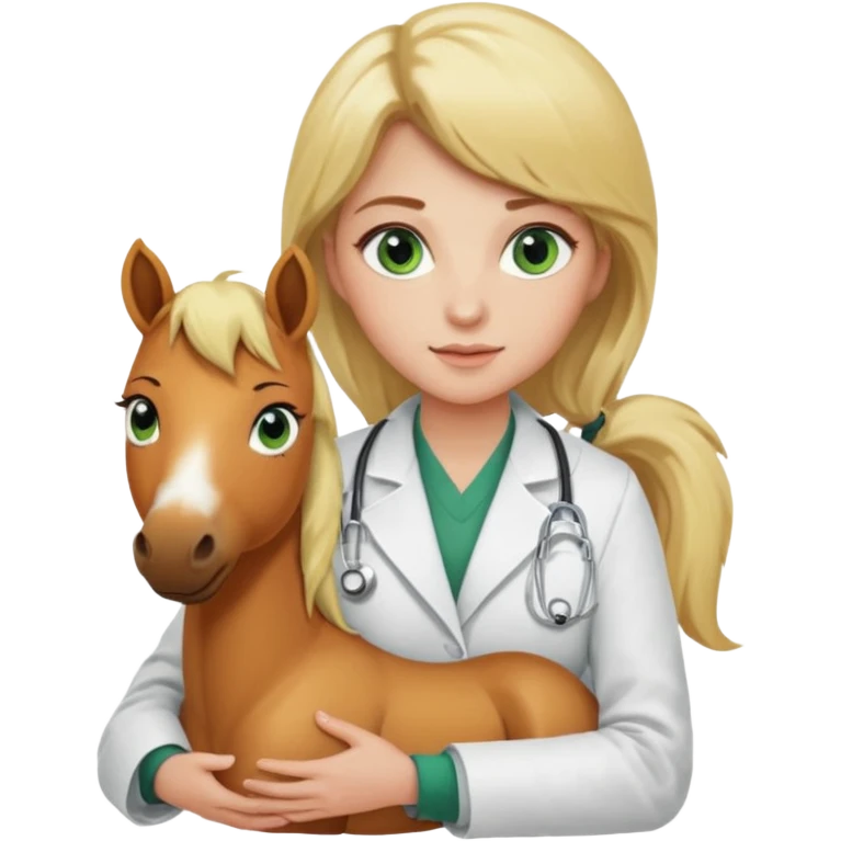 A young woman with green eyes and blonde hair, a veterinarian, with a caramel-colored pony in her lap. emoji