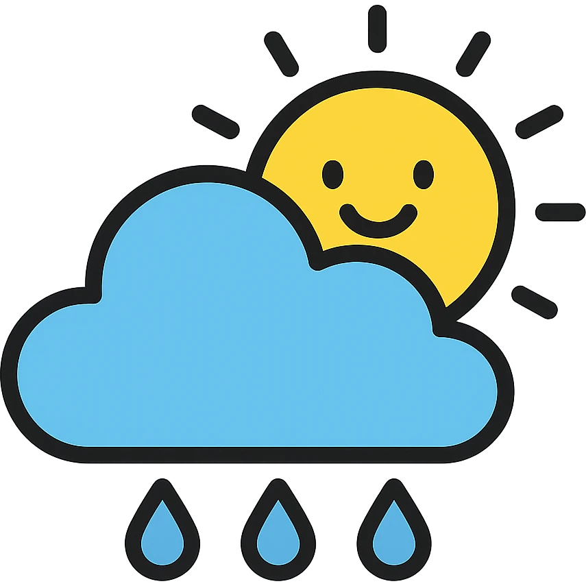 simple icon of a cloud with raindrops and a smiling sun emerging behind, friendly and colorful style emoji