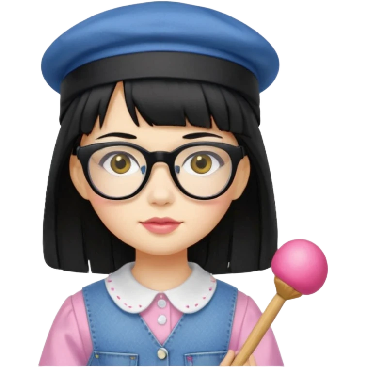 A yellow-skinned girl with medium-long straight black hair, flat bangs, black frame glasses, a white puffy sleeve doll shirt, blue jeans and pink shoes, and a black painter's hat. emoji