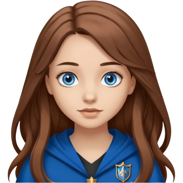 gorgeous Girl with light skin, blue eyes, long brown hair, wears a ravenclaw outfit emoji