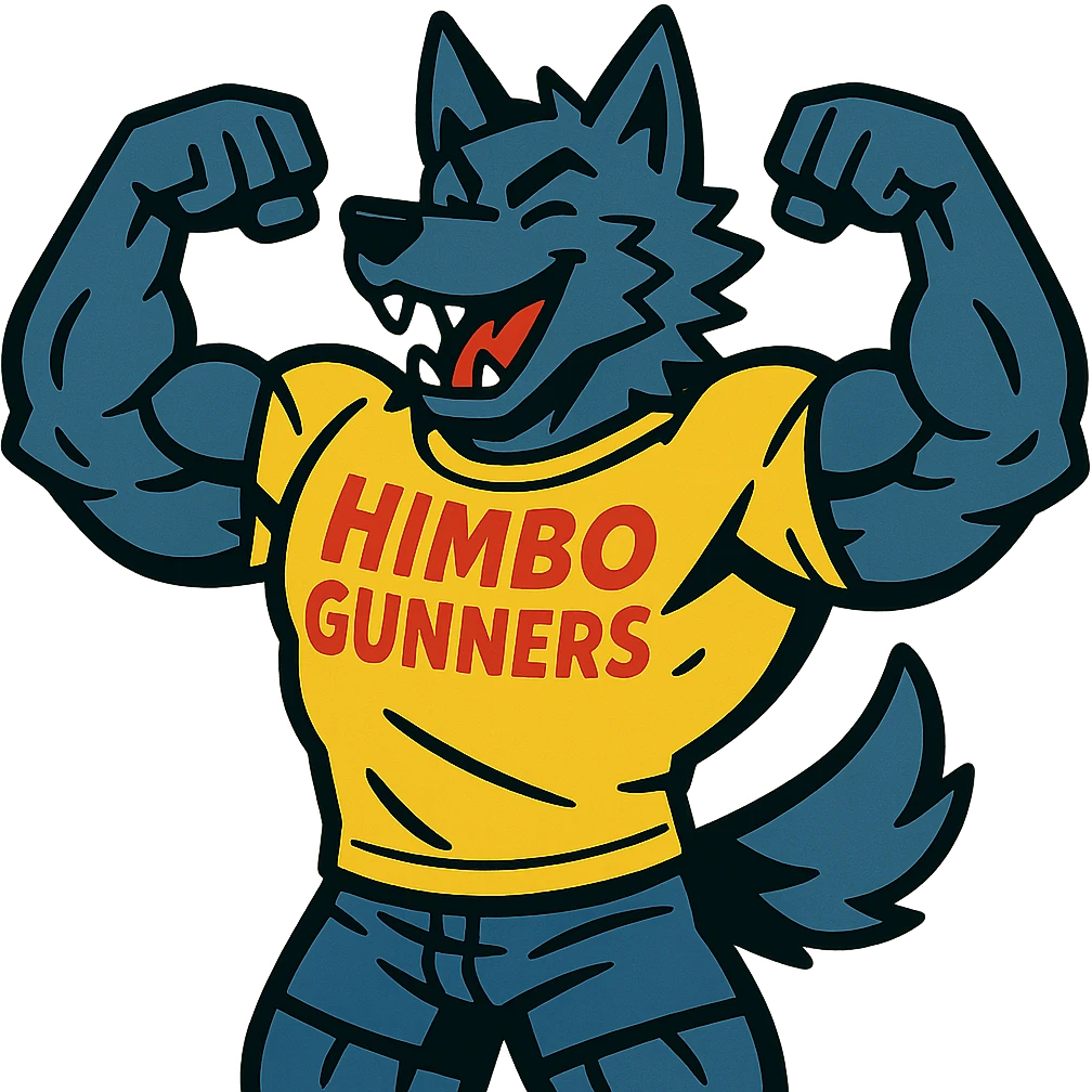 very muscular wolf furry, flexing pose, wearing a t-shirt with 'Himbo gunners', energetic and playful emoji