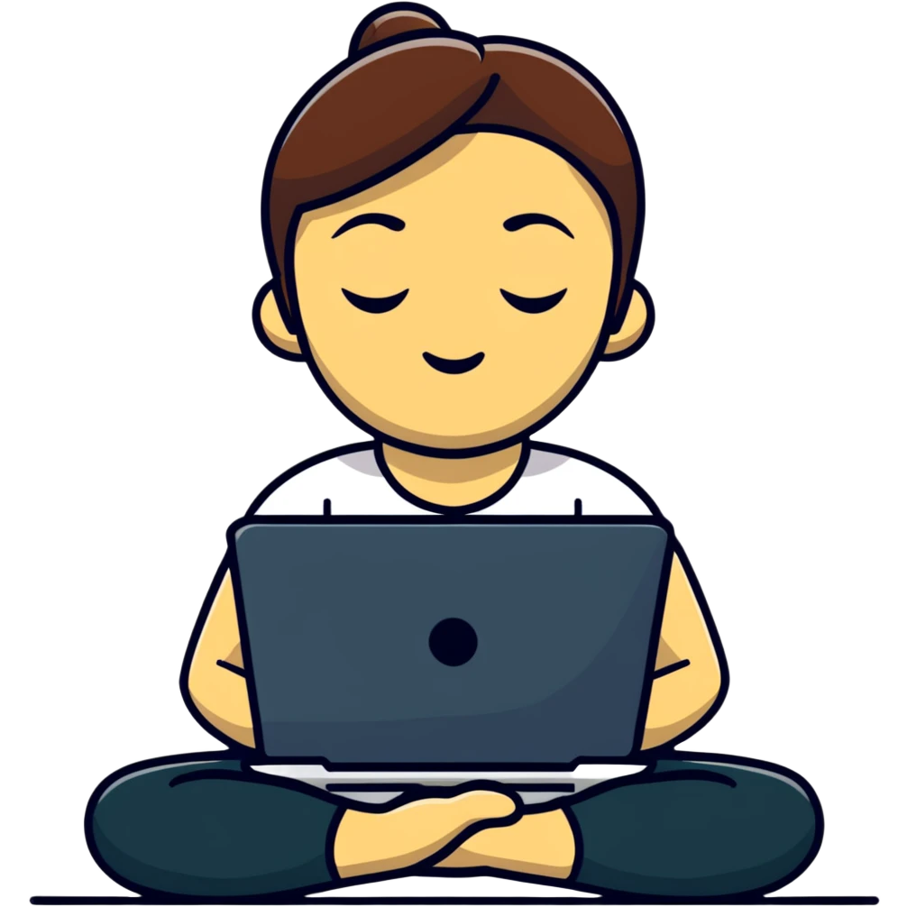 cartoon sticker of a yoga teacher meditating with a laptop beside her emoji