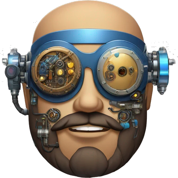 Bearded Fat bald cyborg head with brown skin, blue steampunk goggles and circuits emoji