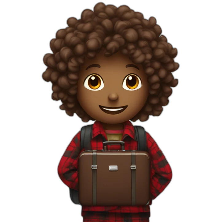 Chocolate colored doodle with wavy hair wearing a red and black flannel handkerchief with a carryon suitcase emoji