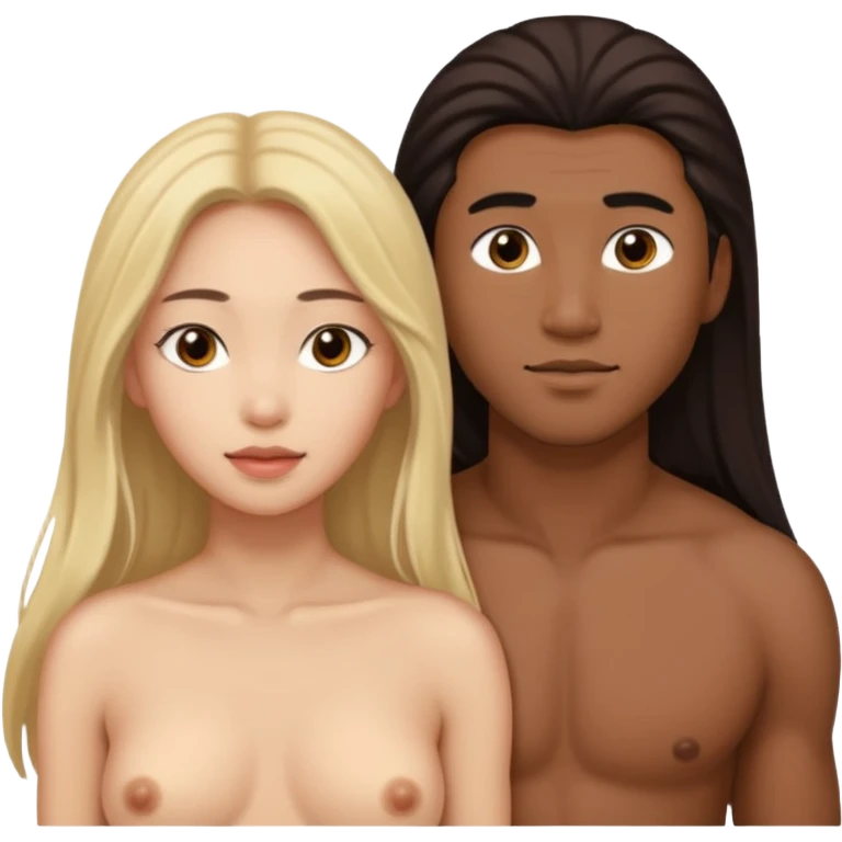 Nude light-skinned female giving fellatio to darker-skinned asian male emoji