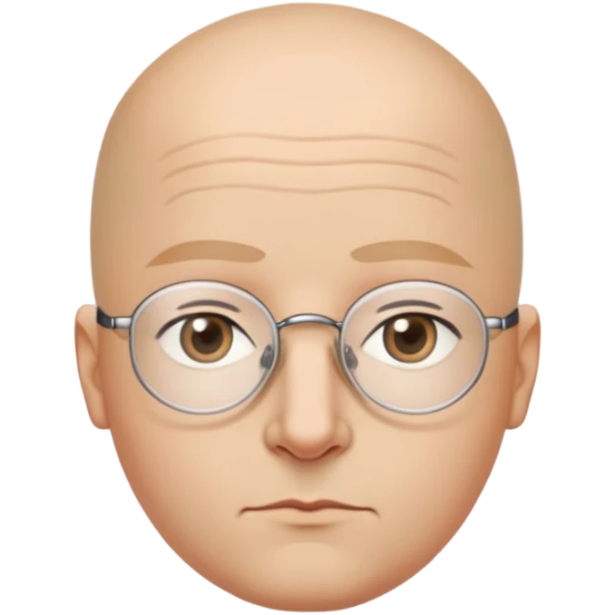 Smooth oval bald head, light-medium skin tone, thin dark arched eyebrows, small narrow almond-shaped eyes behind rimless glasses, medium straight nose, small closed lips with a slight downward tilt, rounded soft jawline, calm and serious expression without wrinkles emoji