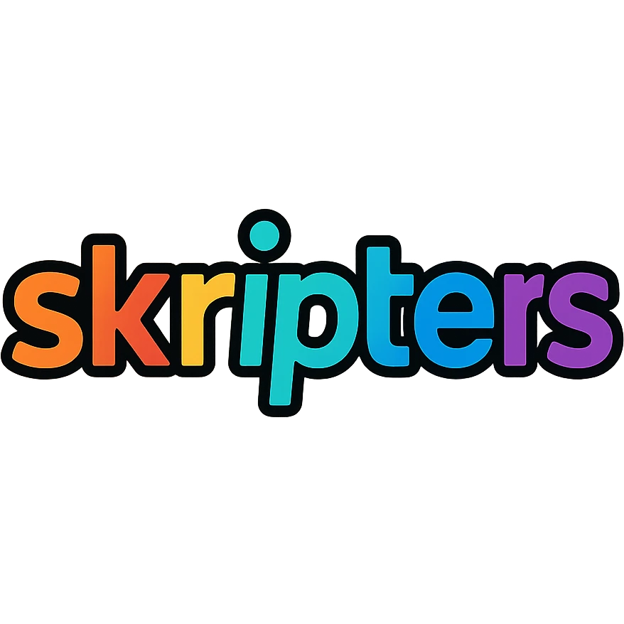 bold, tech-inspired emoji logo featuring the word 'skripters' in a cool, modern font with vibrant colors, playful and creative vibe emoji