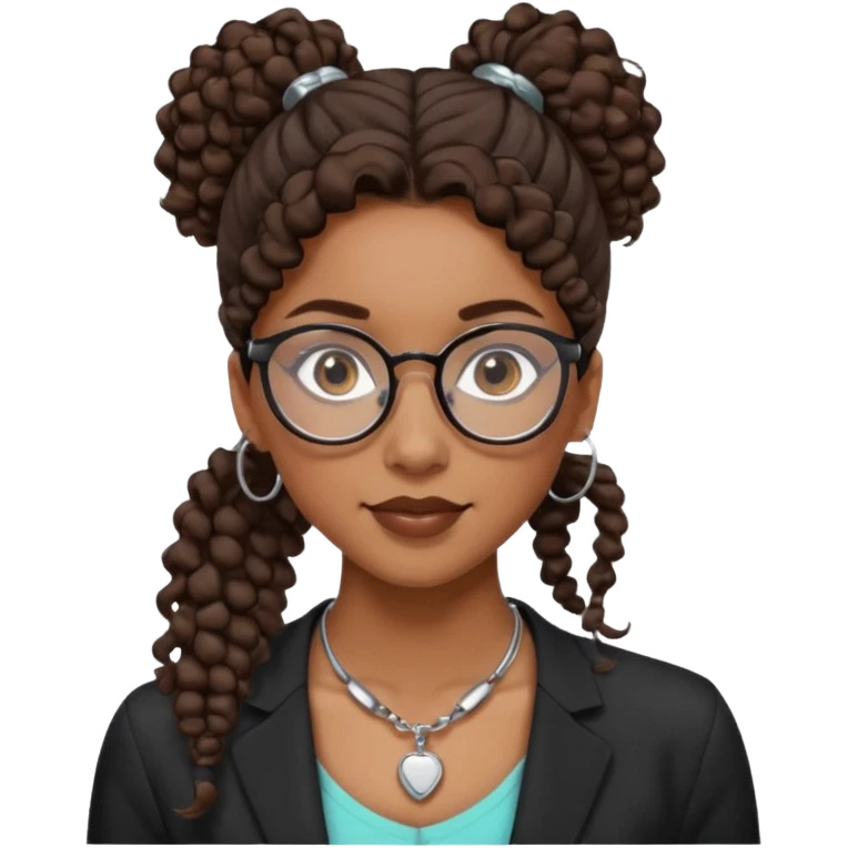 chica morena de ojos claros con gafas negras exagonales redondeadas. y pelo rizado castaño con todo el pelo recogido en una coleta . y un collar de plata . Con todo el pelo recogido un clen look emoji