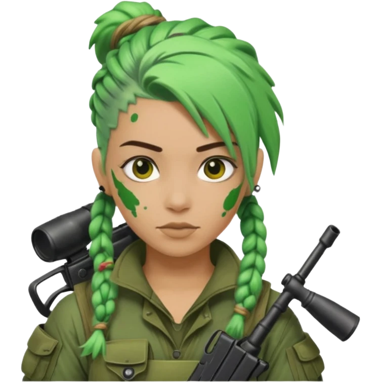 paintball player with geared face braided green hair emoji