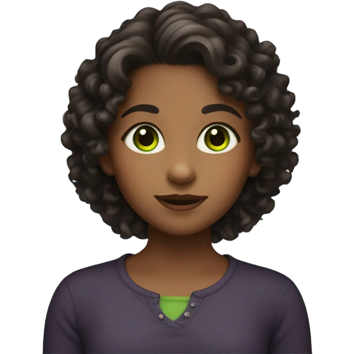 girl with a dark curly not long but not short hair. She has a green eyes and cute face  emoji