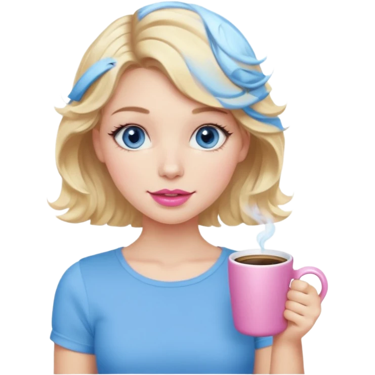 Girl Blonde short wavy hair,  blue eyes, cute blue top, long lashes, pink lips, holding coffee  emoji