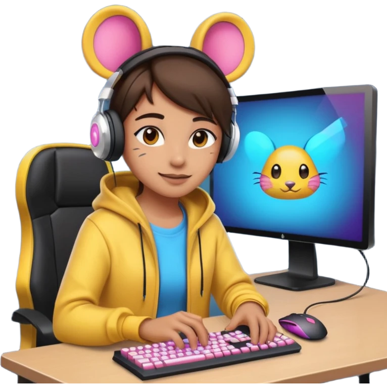 Real emoji gamer. Lighting in front of him, gaming screen wearing gaming headphones and eraser with gaming mouse and keyboard full of LEDs and beautiful clothes  emoji