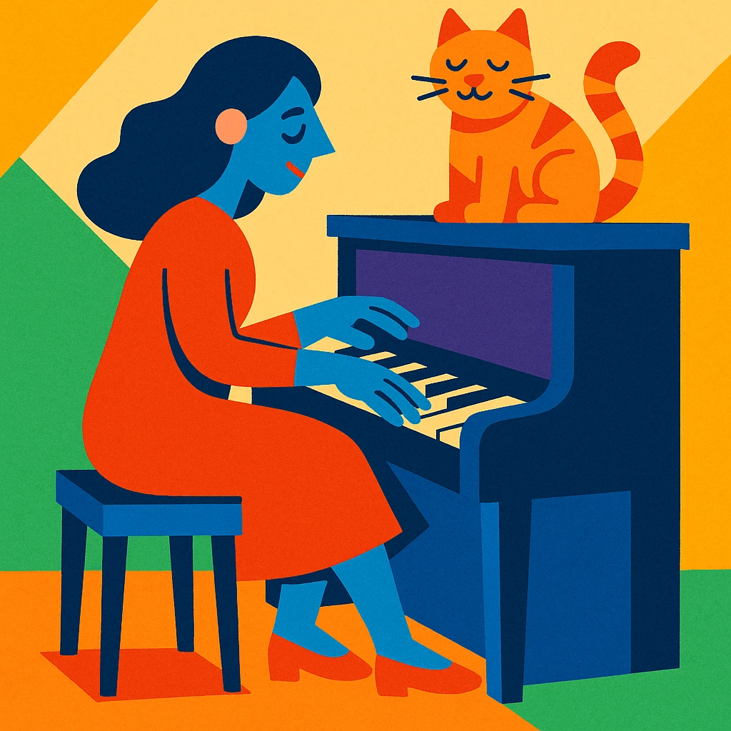 woman playing piano while her cat sits on top of the piano emoji