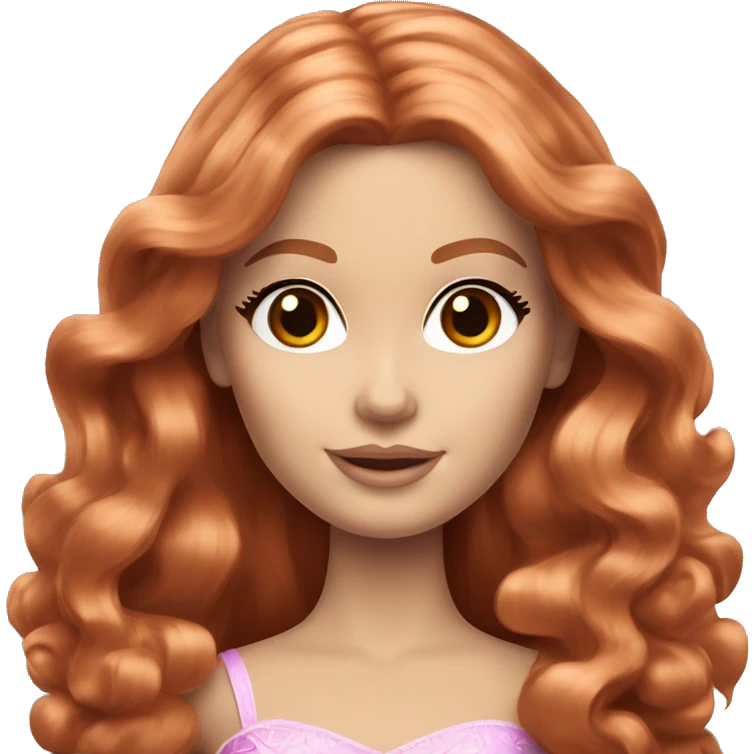 Caucasian Barbie princess with brown eyes and big long wavy red hair emoji