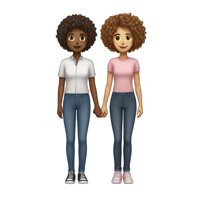 Two girls standing up holding hands one masculine with a curly bun and one feminine with curly hair emoji