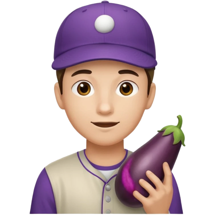 young man with baseball cap with eggplant emoji