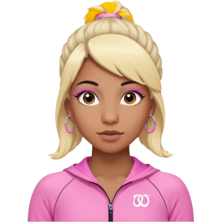 crée moi une jeune adulte brownskin au yeux brider marron foncer et une perruque blonde avec des baby hairs , un ensemble lululemone rose percing au nez et les oreilles remplis un petit full face de londonniennes des gros faux cils bien charger  emoji