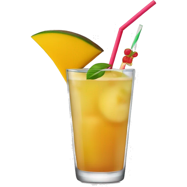 cocktail in a tall glass with a slice of mango and a straw emoji