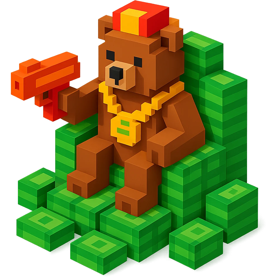 Russian grizzly bear with a rapper chain and a money gun, sitting on a throne of cash emoji