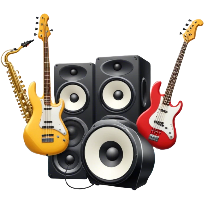 Icon for R&B Music Listening: large concert speakers and headphones with waves of musical notes coming out, along with a bass guitar, drum kit, and synthesizer, saxophone. The icon should convey the energetic and rhythmic vibe of R&B music. Transparent background. emoji