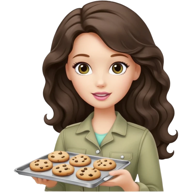 A white Barbie girl with long dark brown wave hair in a pale olive clothes holds a Baking tray with cookies emoji