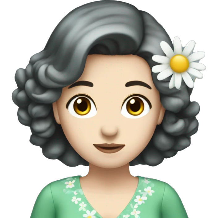  I need to have a woman emoji, dark hair and eyes, pale skin. Wearing a V-LINE dress in green/blue with daisies.  emoji