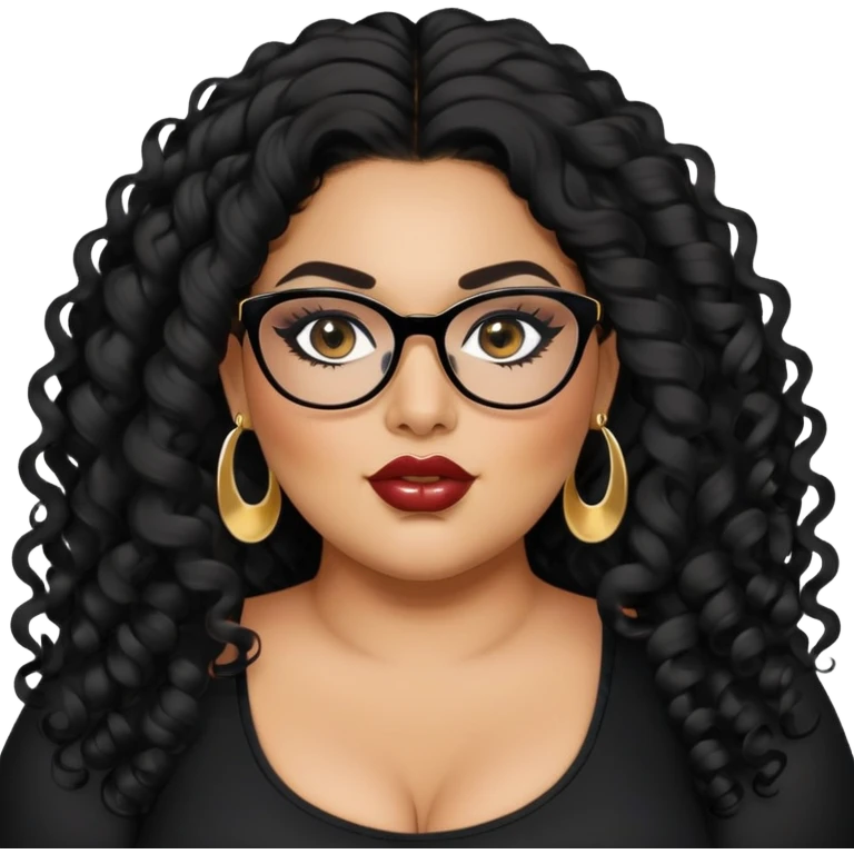 big plus size, latina, darker tan skin, long black curly hair, baddie,pretty, makeup, lipgloss, black eyeliner, long hair, small gold earrings, black top, black glasses emoji