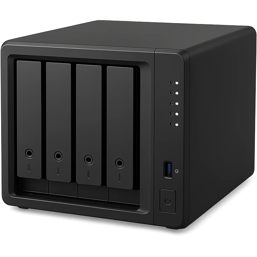 generic 4 bay NAS device, with visible drive bays, modern look emoji