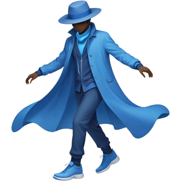 Male silhouette composed of blue ethereal flowing energy with minimal floating wardrobe pieces like hat, jacket and shoes orbiting around it, no facial features emoji