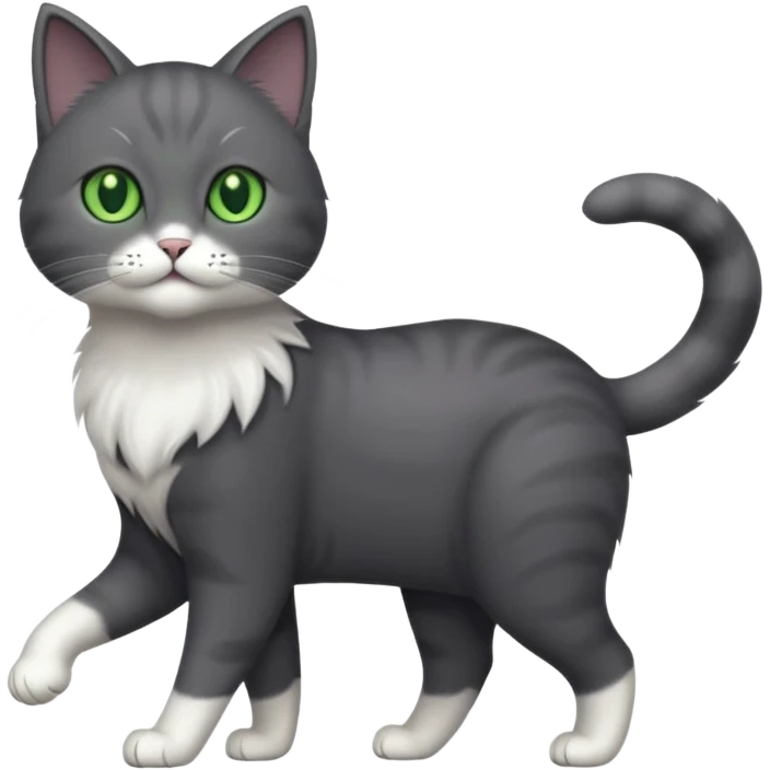 full body gorgeous solid dark grey cat with green eyes, white paws and white whiskers walking emoji