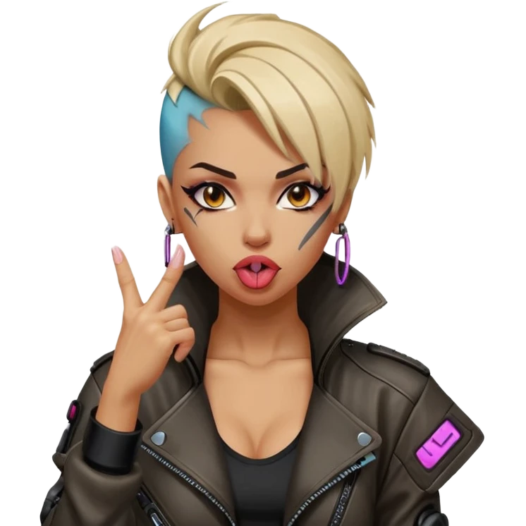 Woman with her tongue out in cyberpunk clothing and giving the middle finger. Looking naughty. emoji