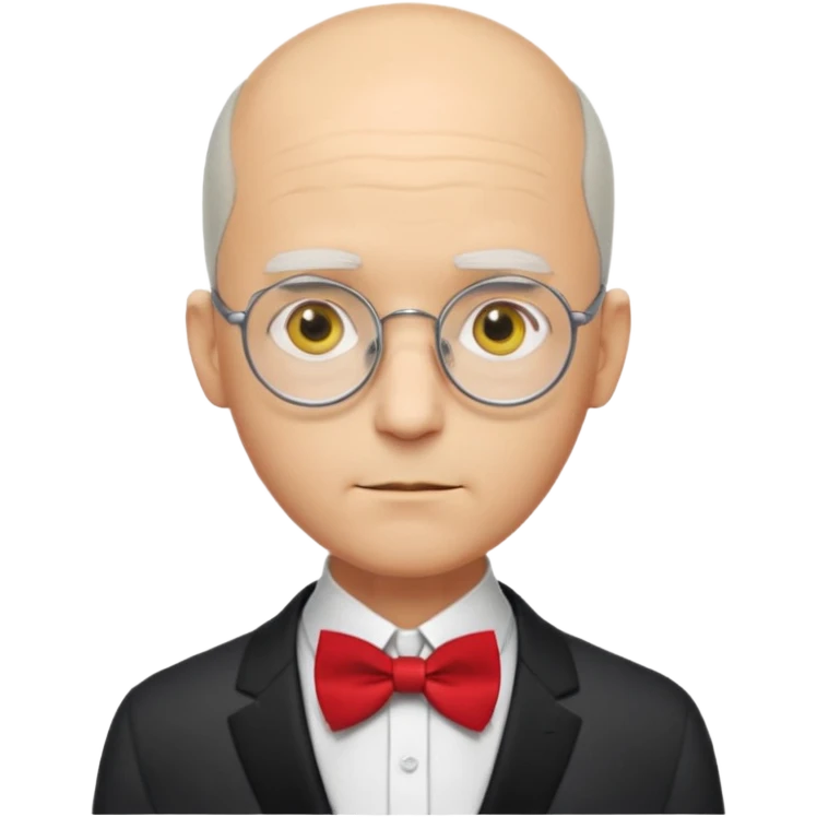 Yellow-skinned animated man. Bald on top with thin gray hair at the sides. Large round white eyes with black pupils. Wears round glasses. Pointed nose. Visible suit lapels, white shirt collar, and bow tie at the neck. emoji