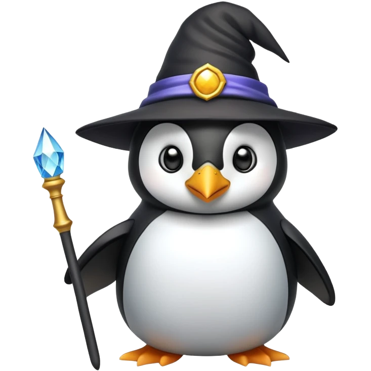 A penguin wearing a wizard hat and holding a magic wand emoji