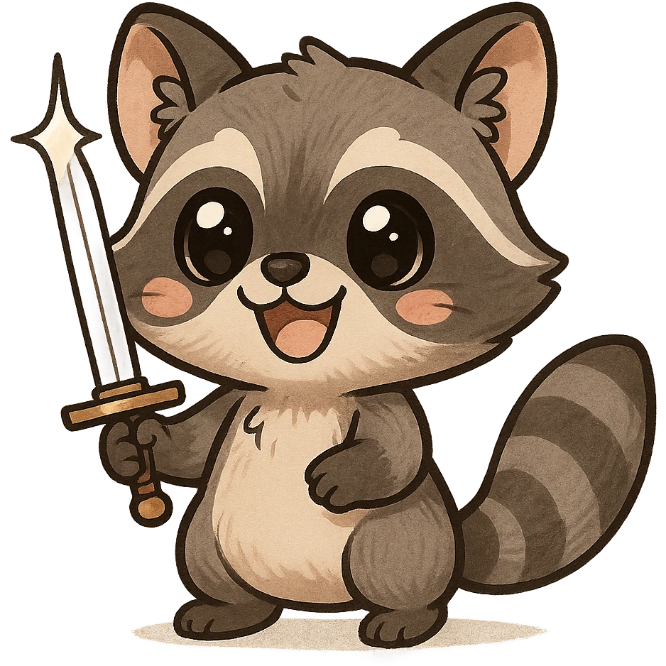 smiling manga raccoon with a shiny sword, chibi style, big eyes, cute expression emoji