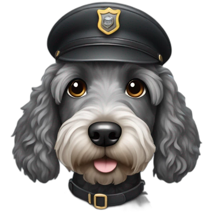 black and grey labradoodle dog's face with short ears and a long nose wearing a pilot cap emoji