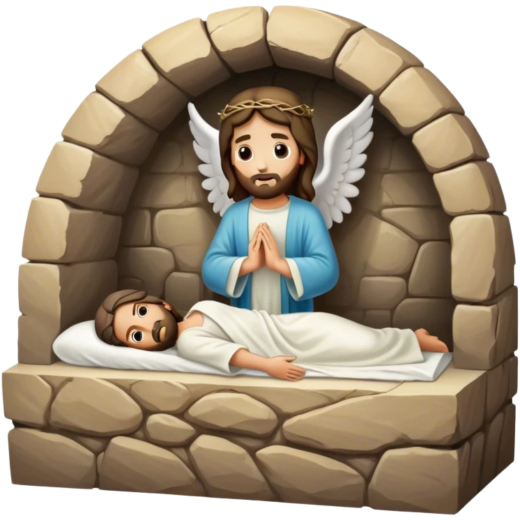 cave tomb with stone rolled to the side, Jesus’ empty tomb with angel inside  emoji