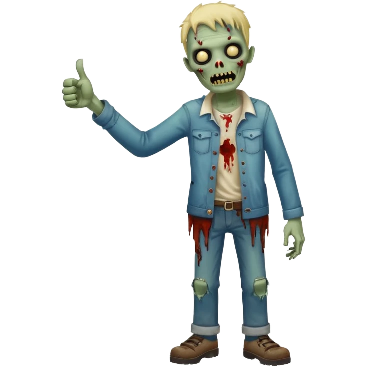 A cute, cheerful, full-length zombie is standing, holding out a hand and a thumbs-up sign. emoji