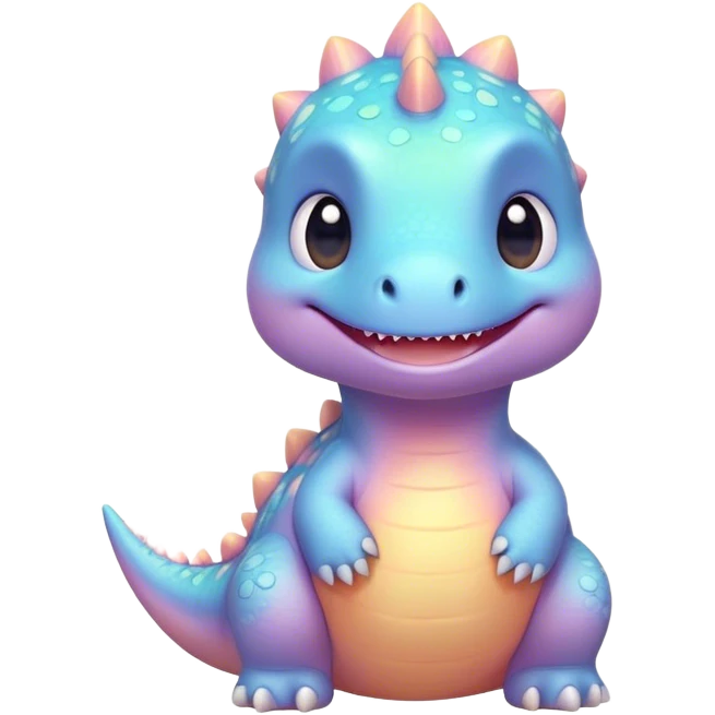 Cinematic tiny pastel dinosaur, chubby round body, tiny feet, big sparkling eyes, soft glowing colors, happy and friendly expression, radiating warmth. emoji
