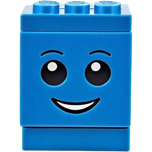 A single blue Lego-style brick with a cute smiling face emoji