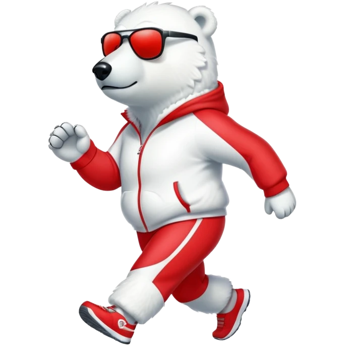 friendly anthropomorphised polar bear jogging upright, wearing bright red tracksuit and dark sunglasses emoji
