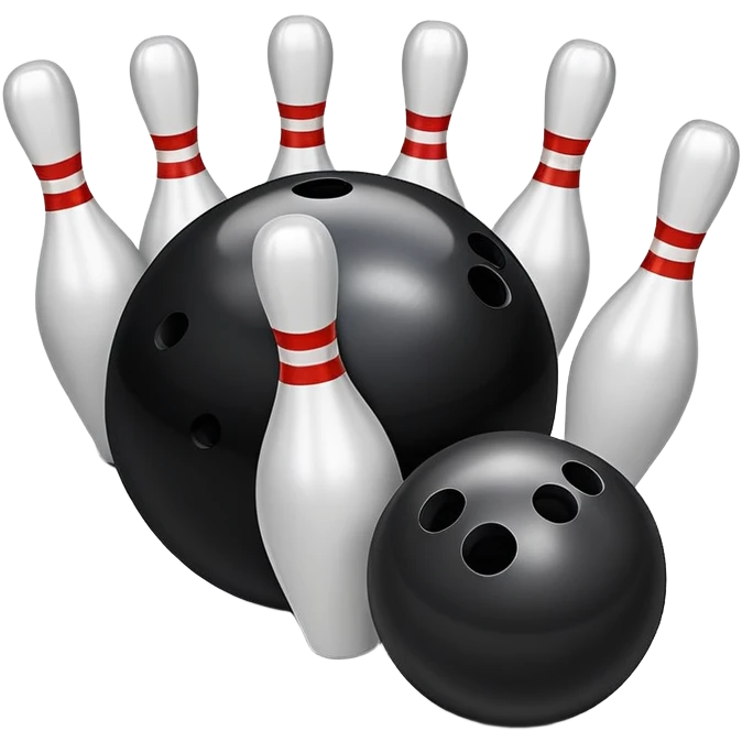 A bowling ball rolling down the lane towards a set of pins, with the pins poised to fall. The scene is set in a bowling alley with bright lights and a polished wooden floor, capturing the excitement and precision of the sport. emoji