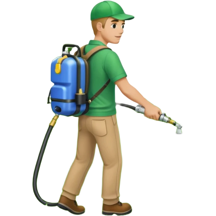 man with a emerald green shirt and tan pants on with backpack chemical sprayer on his back with the hose in his hand pointed downwards at bright green grass emoji
