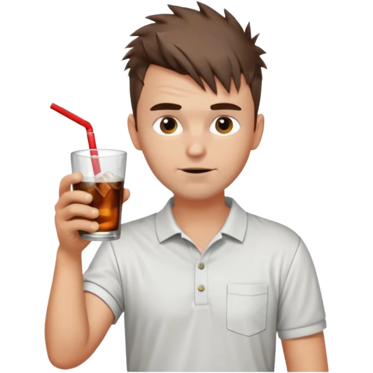 Handsome male.short messy brown hair.mowhawk hairstyle. wearing white golf shirt.grey shorts. Drinking brandy and coke . Drunk. No straw emoji