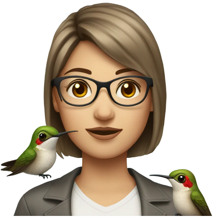 Girl pale , brunette, with short hair, wearing glasses with a hummingbird next to her emoji