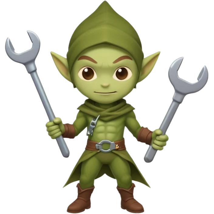 short green goblin, hold a wrench, brown cloth, cute chibi full body emoji