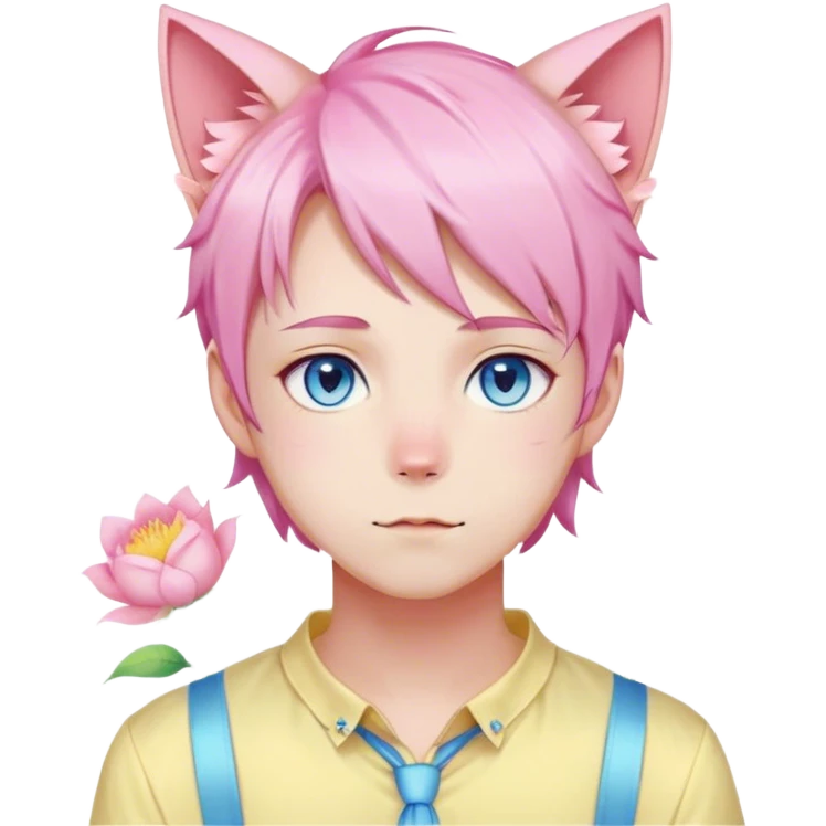 Pastel effeminate young femboy man with pastel pink shiny hair, pink cat ears, pastel yellow blouse, blue eyes, cute, gorgeous, anime, catboy, romantic, beautiful, flowers, aesthetic emoji