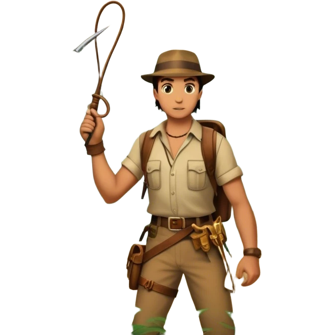 Icon for Adventure Movie: A vintage movie poster-style collage with an adventurous explorer holding a whip, a treasure map, ancient ruins, and traps. Include jungle vines, mysterious artifacts, and a daring escape scene. Retro cinematic vibe. Transparent background. emoji